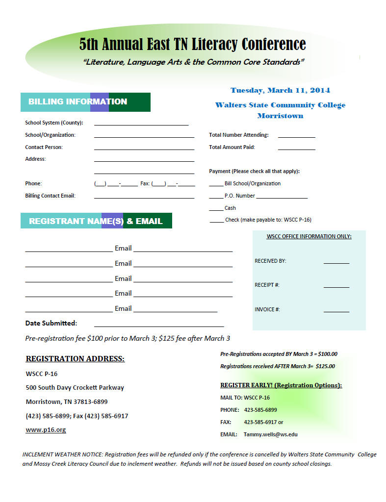 East TN Literacy Conf Registration Form